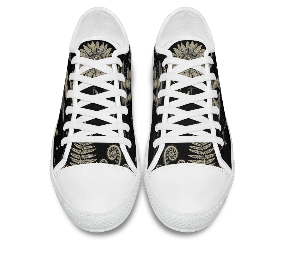 Mycelia Low Tops - sepia engraving on black featuring amanita cap, chanterelles, snail, vines, and moons