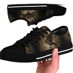 Corvus Low Tops - sepia gothic ravens perched on an open grimoire amid vintage botanical vines and blossoms