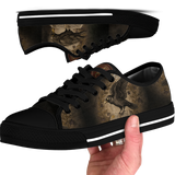 Corvus Low Tops - sepia gothic ravens perched on an open grimoire amid vintage botanical vines and blossoms