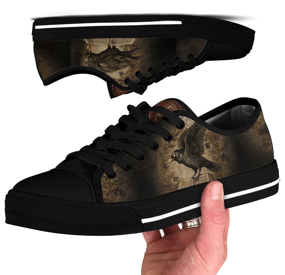 Corvus Low Tops - sepia gothic ravens perched on an open grimoire amid vintage botanical vines and blossoms