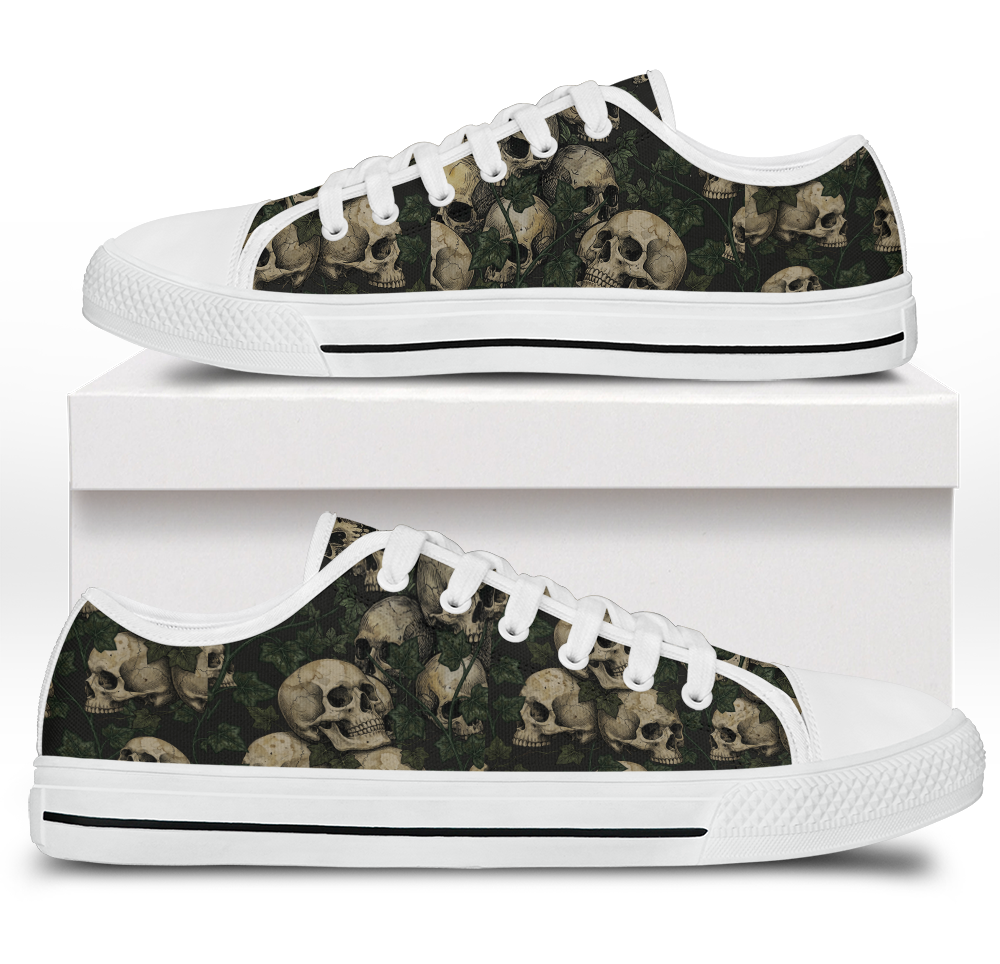 Ossuary Low Tops - clustered skulls entwined with dark ivy vines on a black ground