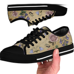 Herbarium Low Tops - vintage watercolor botanicals on parchment tan featuring violets, roses, harebells, and berries