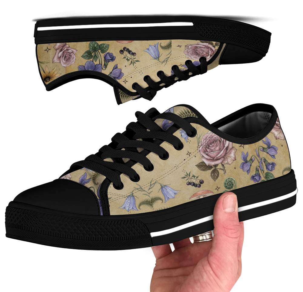 Herbarium Low Tops - vintage watercolor botanicals on parchment tan featuring violets, roses, harebells, and berries