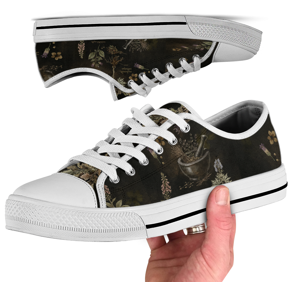 Belladonna Low Tops - dark apothecary plates on dark olive featuring herb specimens, mortar & pestle, and lavender