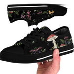 Digitalis Low Tops - vivid watercolor on black featuring fly agaric, bleeding hearts, foxglove, luna moths, and ferns