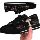 Digitalis Low Tops - vivid watercolor on black featuring fly agaric, bleeding hearts, foxglove, luna moths, and ferns