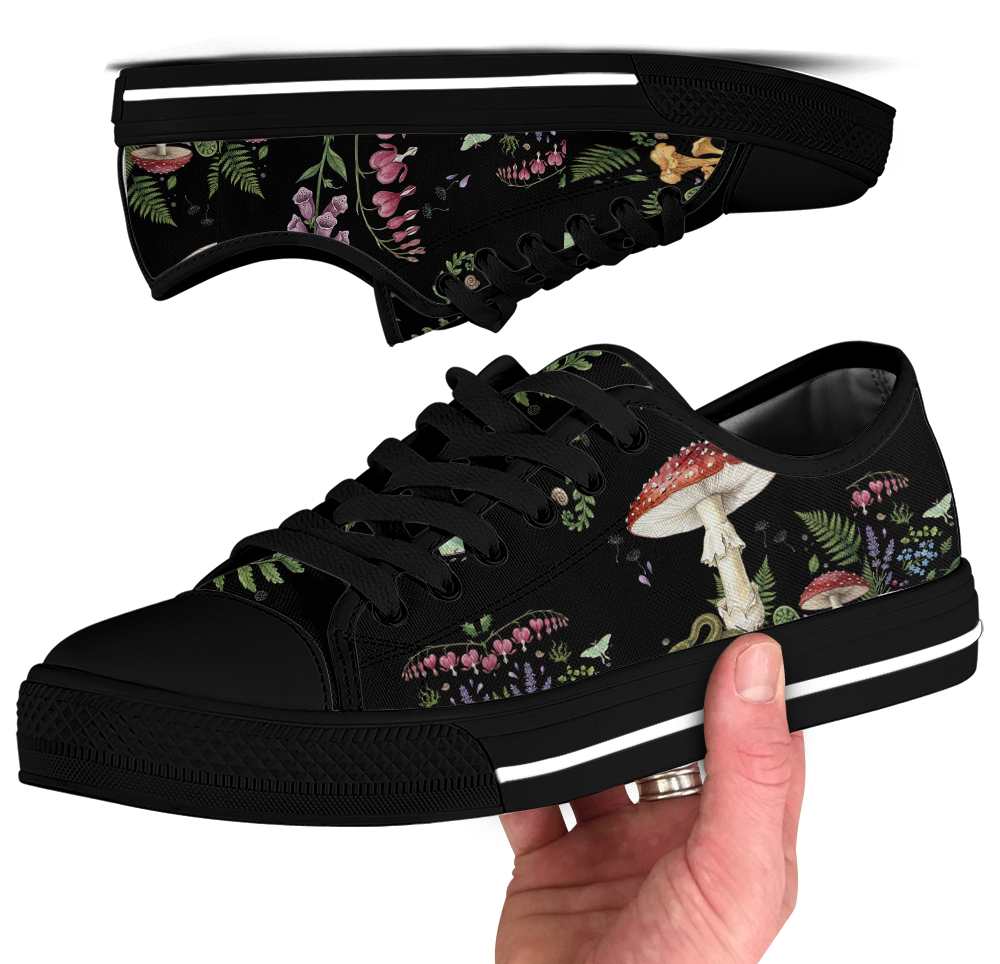 Digitalis Low Tops - vivid watercolor on black featuring fly agaric, bleeding hearts, foxglove, luna moths, and ferns