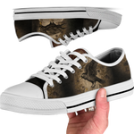 Corvus Low Tops - sepia gothic ravens perched on an open grimoire amid vintage botanical vines and blossoms