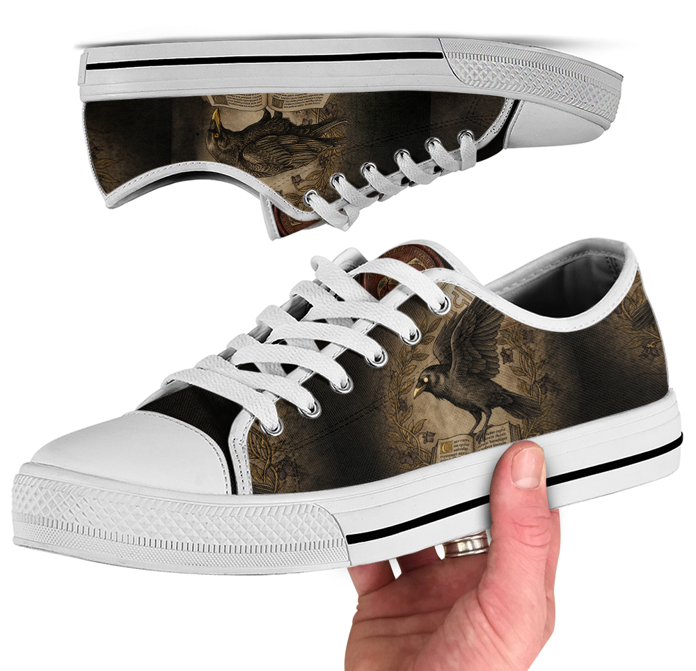 Corvus Low Tops - sepia gothic ravens perched on an open grimoire amid vintage botanical vines and blossoms