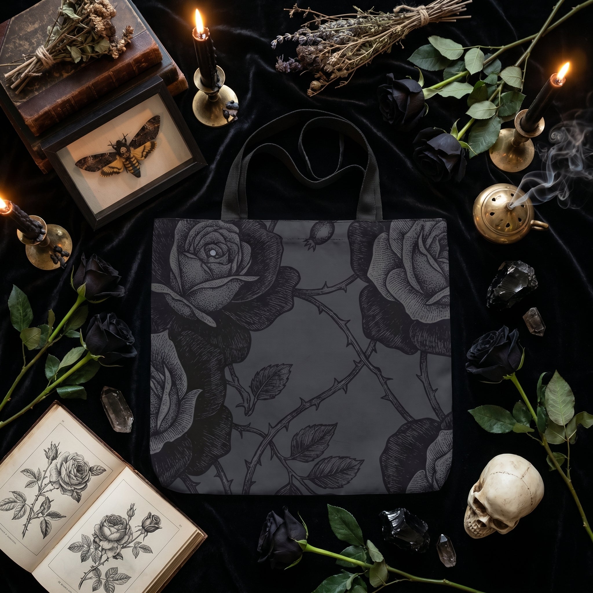 Acherontia Snap Tote Bag — flat lay witchy styled black velvet