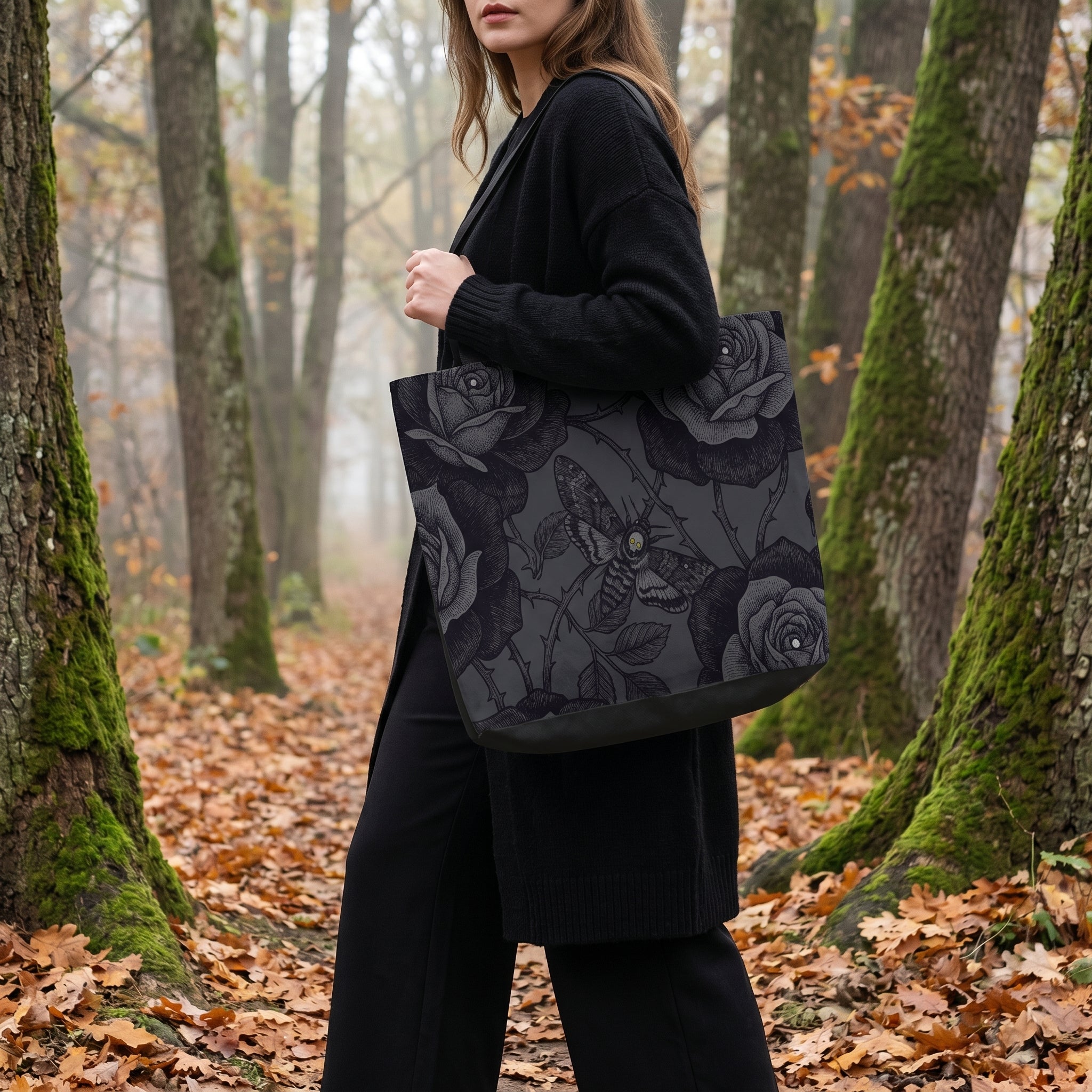 Acherontia Snap Tote Bag — forest lifestyle model wearing tote in autumn forest