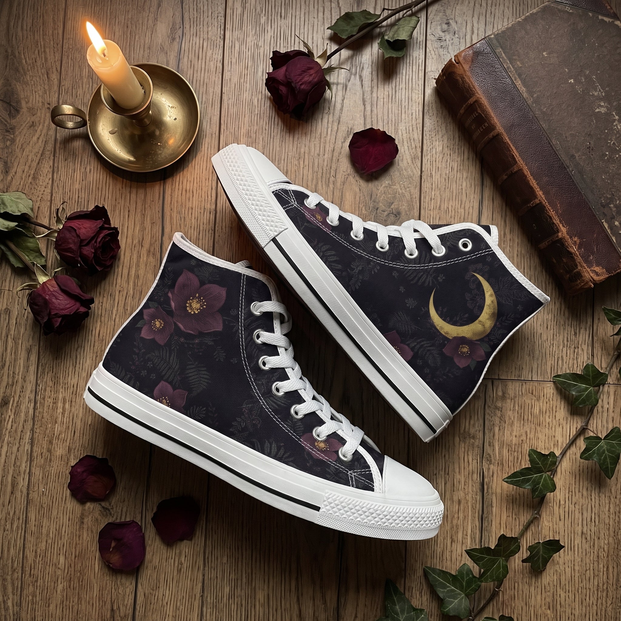 Vespertine High Tops white sole flat lay