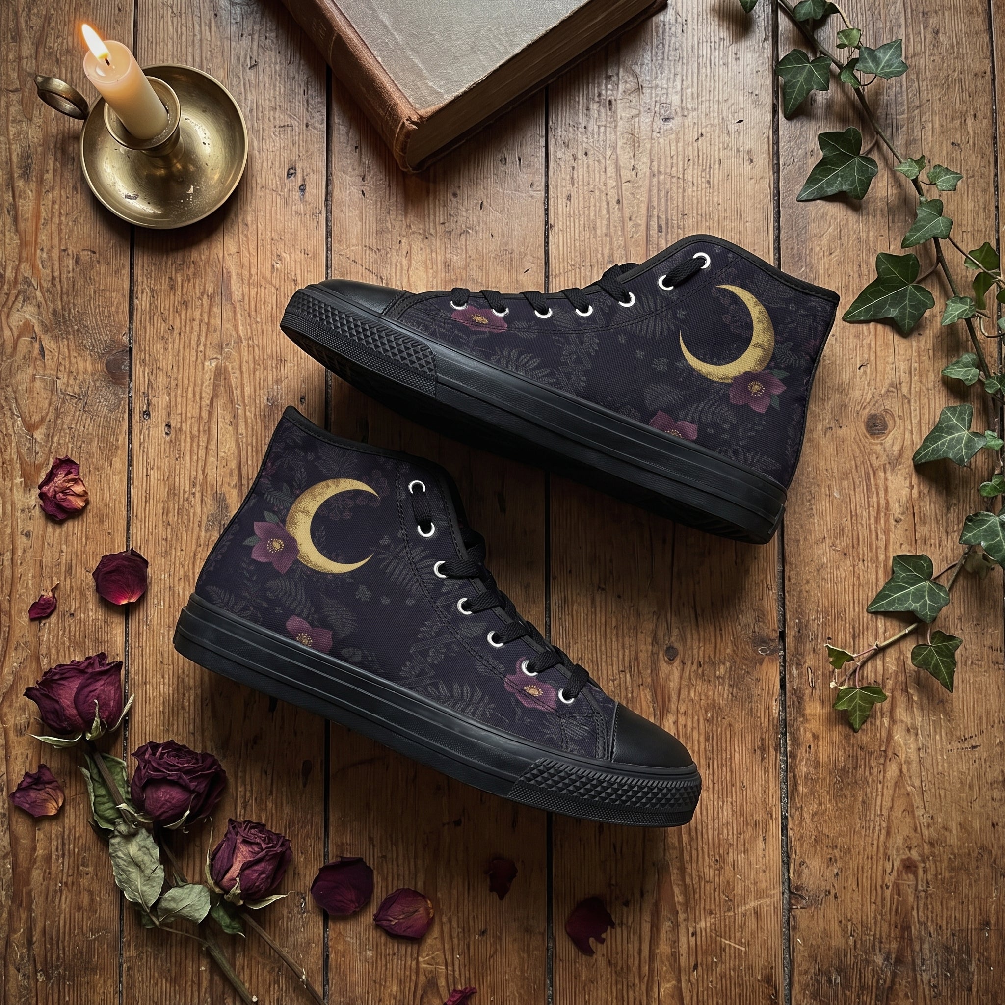 Vespertine High Tops black sole flat lay with candle and dried roses