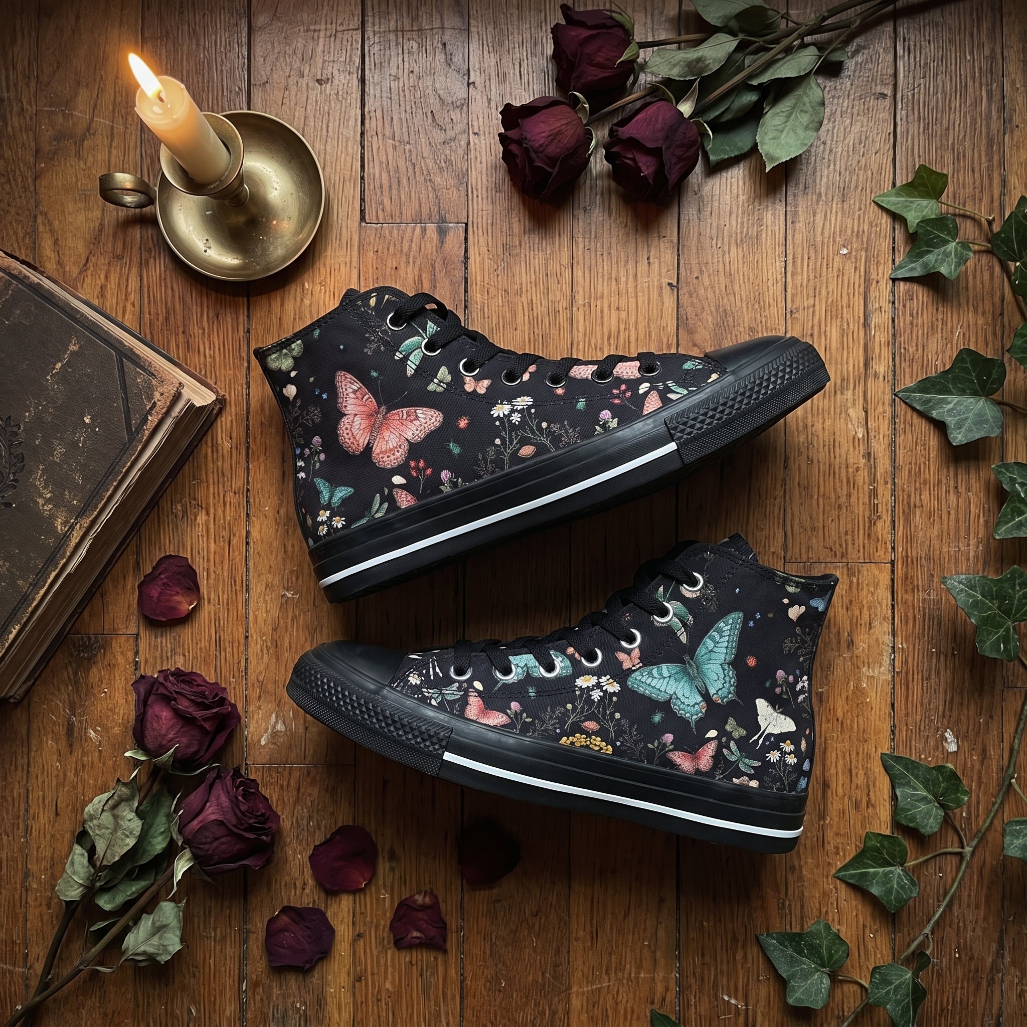 Aurelia High Tops black sole flat lay with candle and dried roses