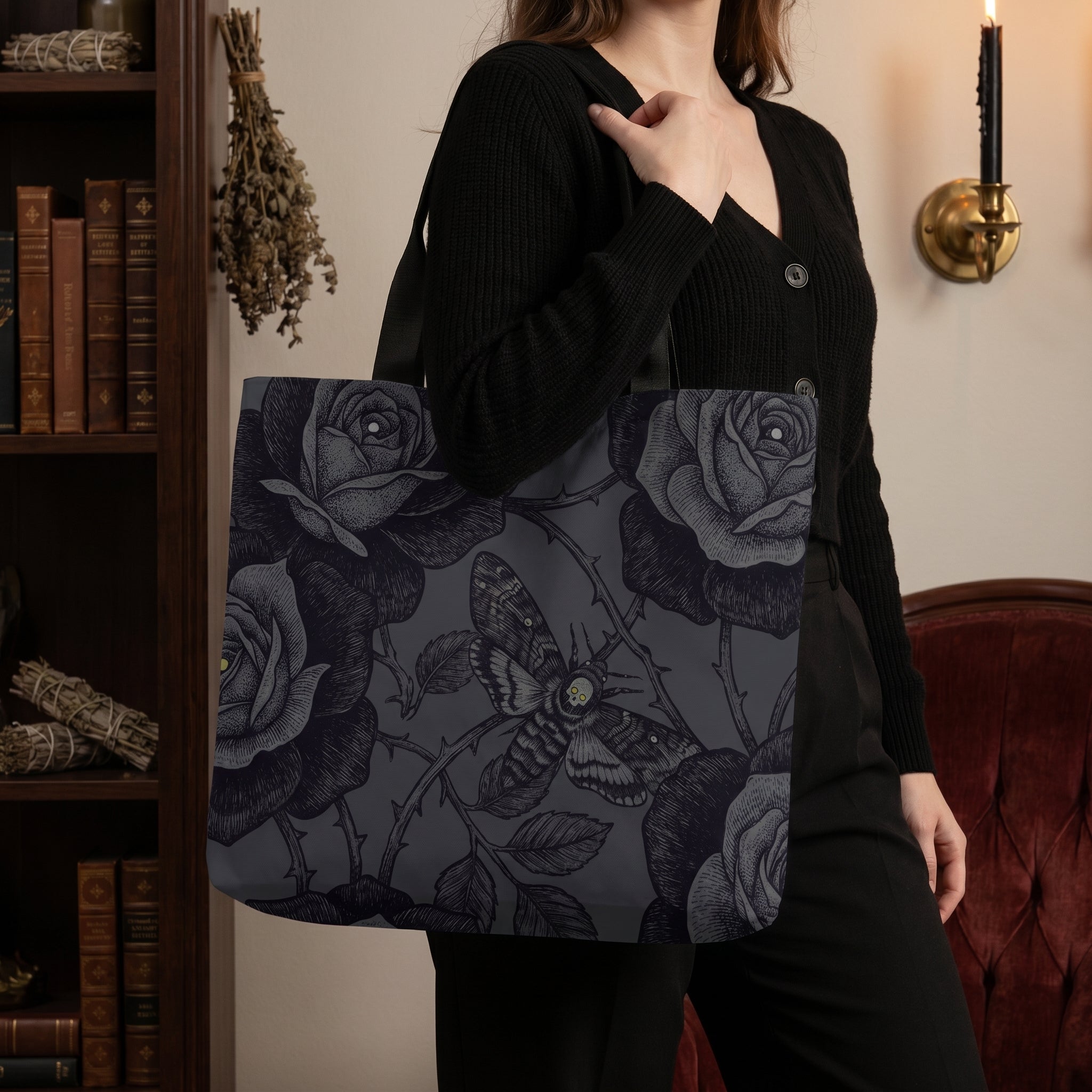 Acherontia Snap Tote Bag — indoor cottage lifestyle witchy room