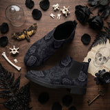 Acherontia Chelsea Boots - gothic flat lay with death head moth bones black roses