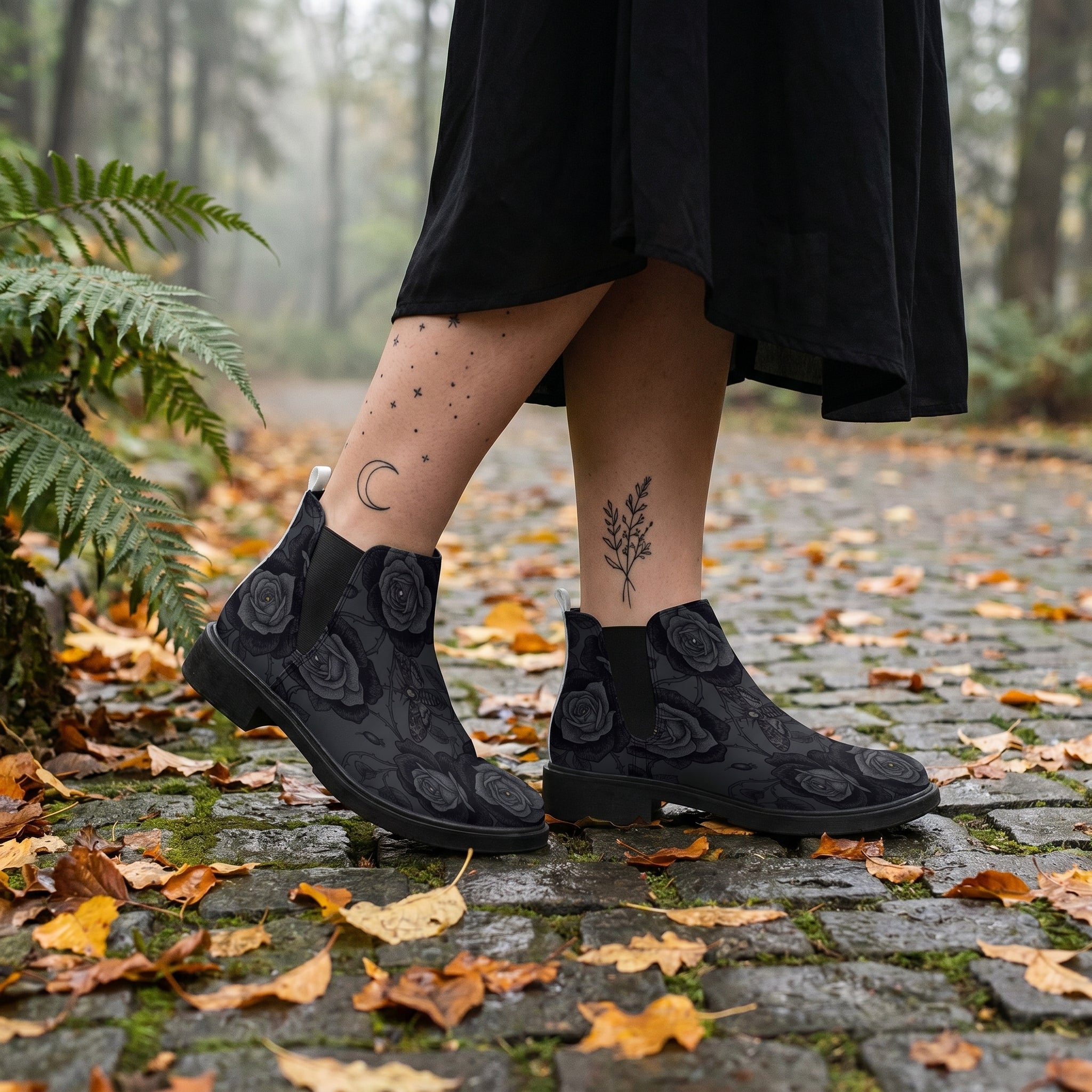 Acherontia Chelsea Boots on cobblestone autumn forest path