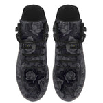 Acherontia Hiking Boots — black rose and death's-head hawkmoth print on charcoal, top view