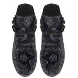 Acherontia Hiking Boots — black rose and death's-head hawkmoth print on charcoal, top view