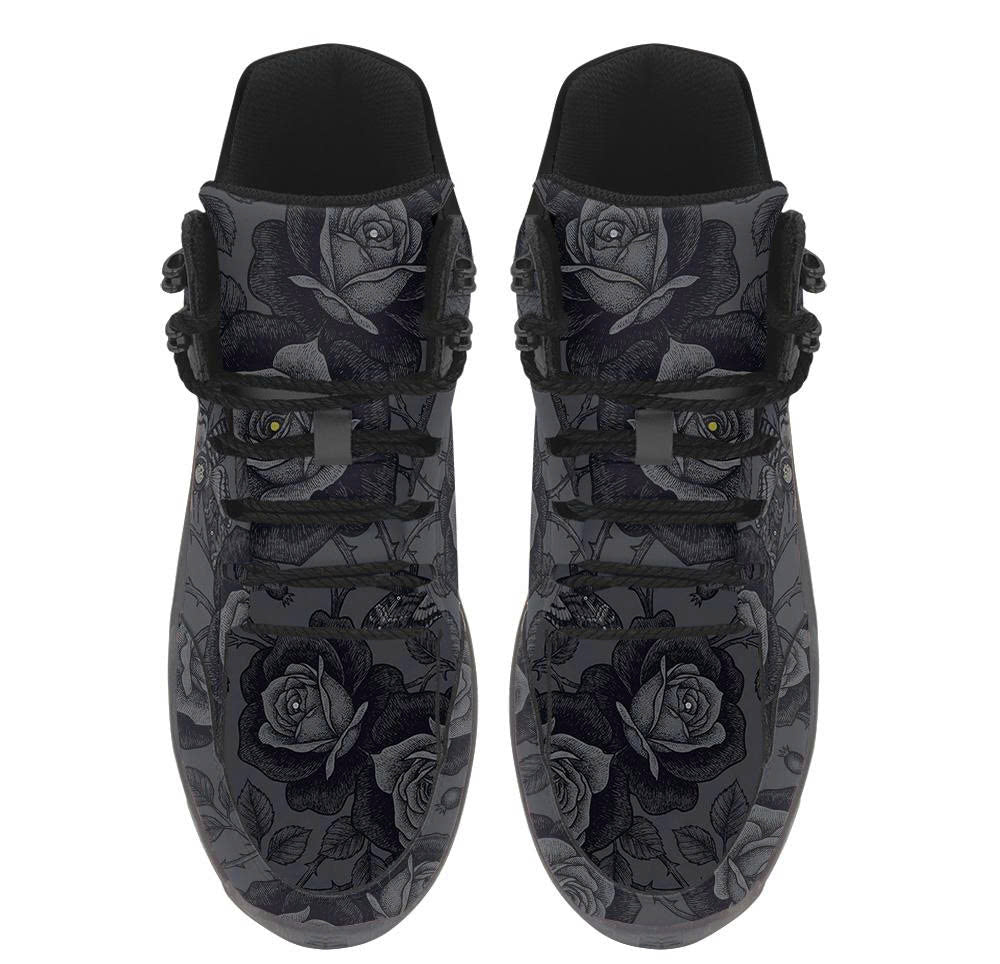 Acherontia Hiking Boots — black rose and death's-head hawkmoth print on charcoal, top view