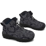 Acherontia Hiking Boots — black rose and death's-head hawkmoth print on charcoal, 3/4 view