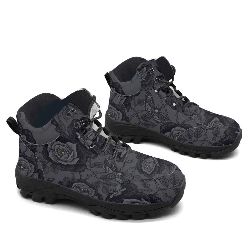 Acherontia Hiking Boots — black rose and death's-head hawkmoth print on charcoal, 3/4 view