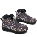 Achillea Hiking Boots — Victorian wildflower print on deep aubergine, 3/4 view