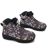 Achillea Hiking Boots — Victorian wildflower print on deep aubergine, 3/4 view