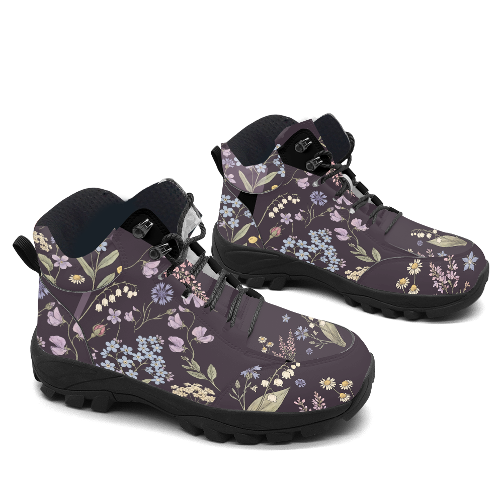 Achillea Hiking Boots — Victorian wildflower print on deep aubergine, 3/4 view