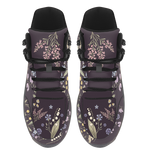 Achillea Hiking Boots — Victorian wildflower print on deep aubergine, angled pair view