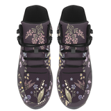 Achillea Hiking Boots — Victorian wildflower print on deep aubergine, angled pair view