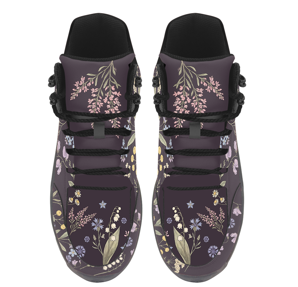 Achillea Hiking Boots — Victorian wildflower print on deep aubergine, angled pair view