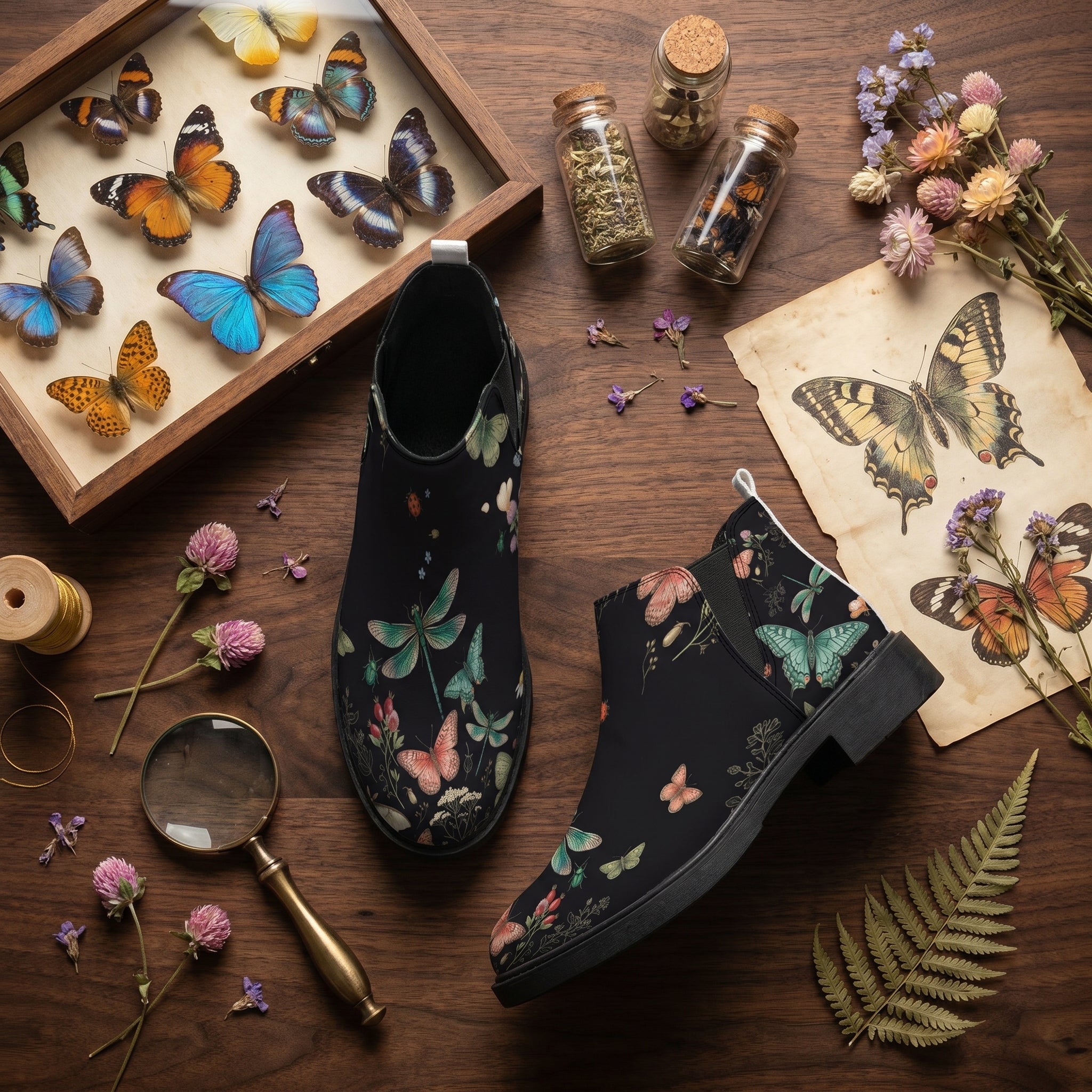 Aurelia Chelsea Boots - butterfly entomology flat lay with specimens parchment magnifier