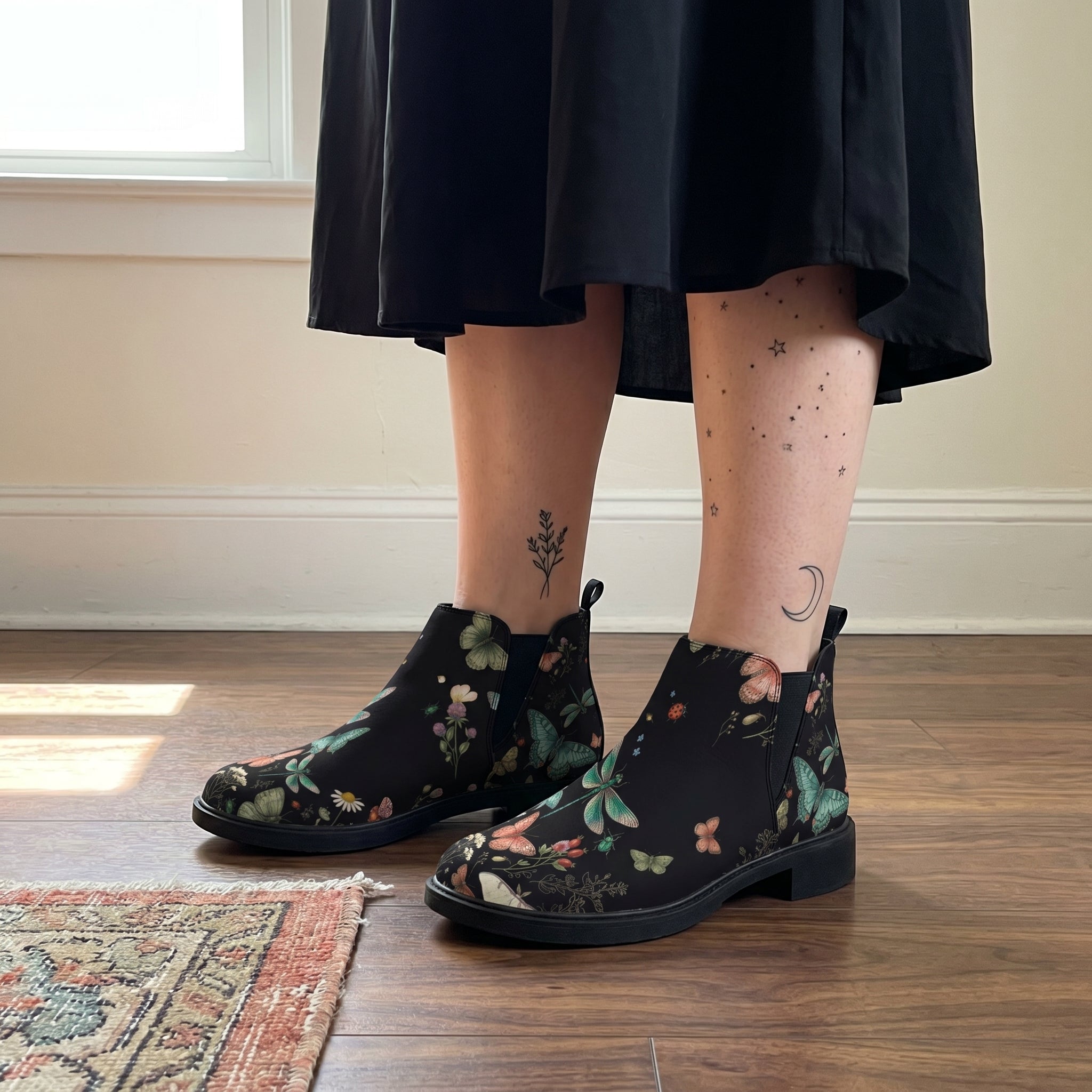 Aurelia Chelsea Boots worn with black skirt indoor lifestyle