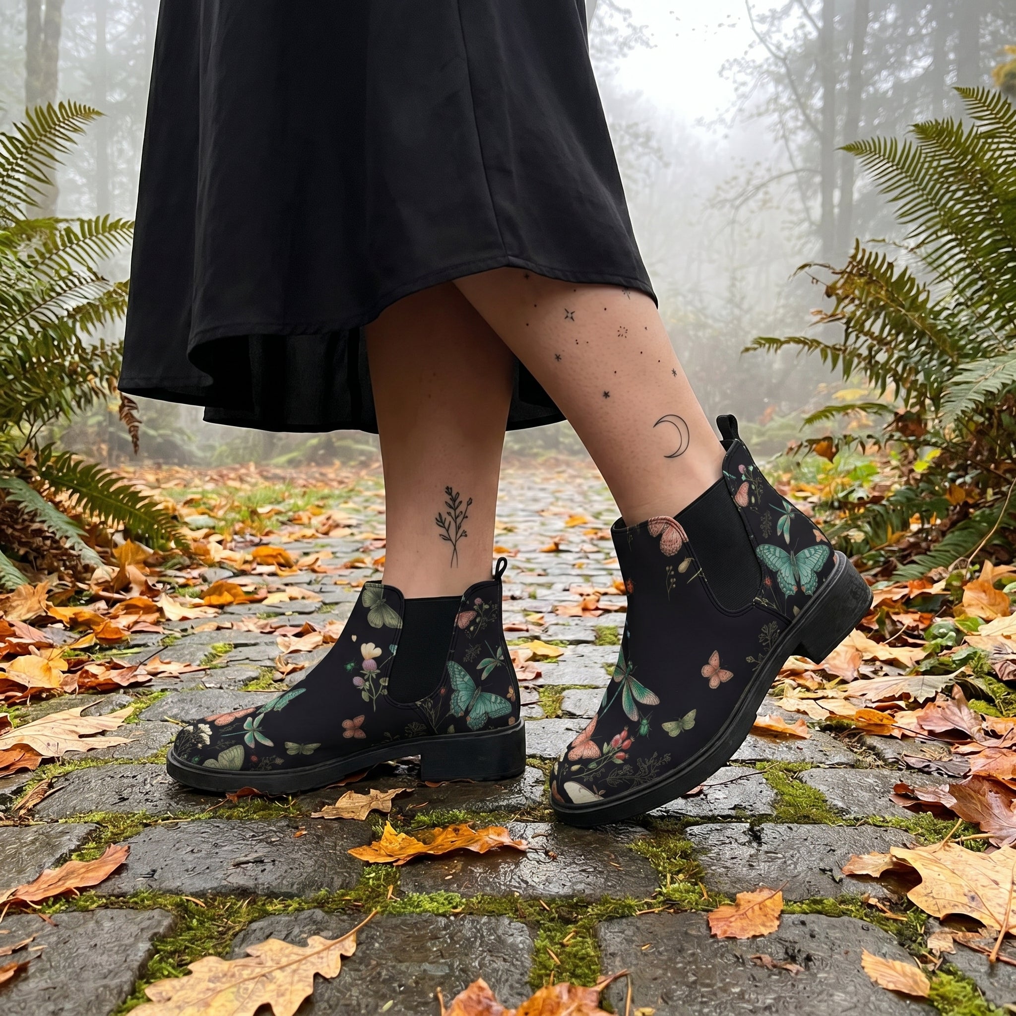 Aurelia Chelsea Boots on cobblestone autumn forest path