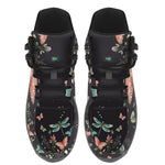 Aurelia Hiking Boots — butterfly and dragonfly print on midnight charcoal, top view