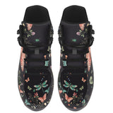 Aurelia Hiking Boots — butterfly and dragonfly print on midnight charcoal, top view