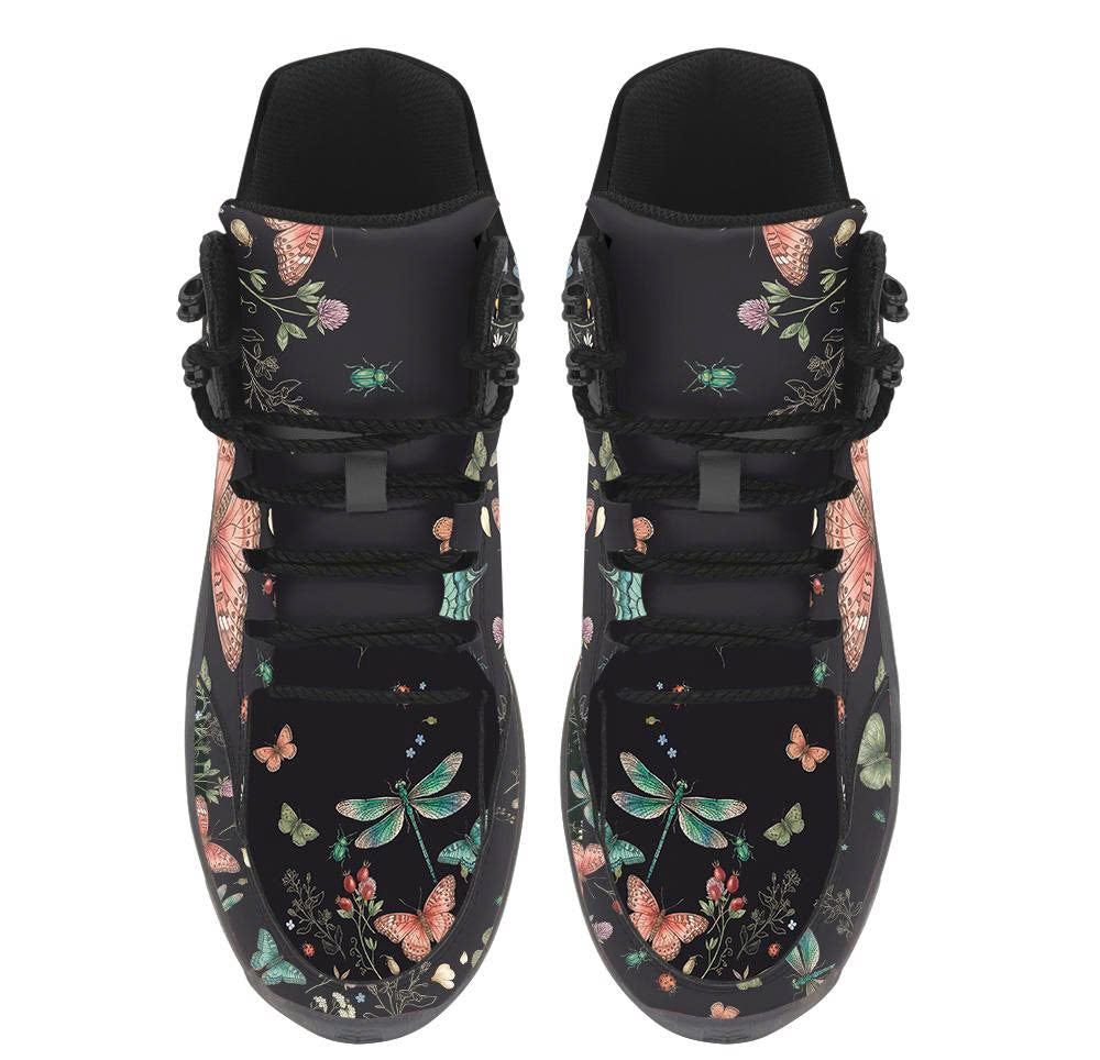 Aurelia Hiking Boots — butterfly and dragonfly print on midnight charcoal, top view