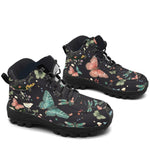 Aurelia Hiking Boots — butterfly and dragonfly print on midnight charcoal, 3/4 view