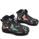 Aurelia Hiking Boots — butterfly and dragonfly print on midnight charcoal, 3/4 view
