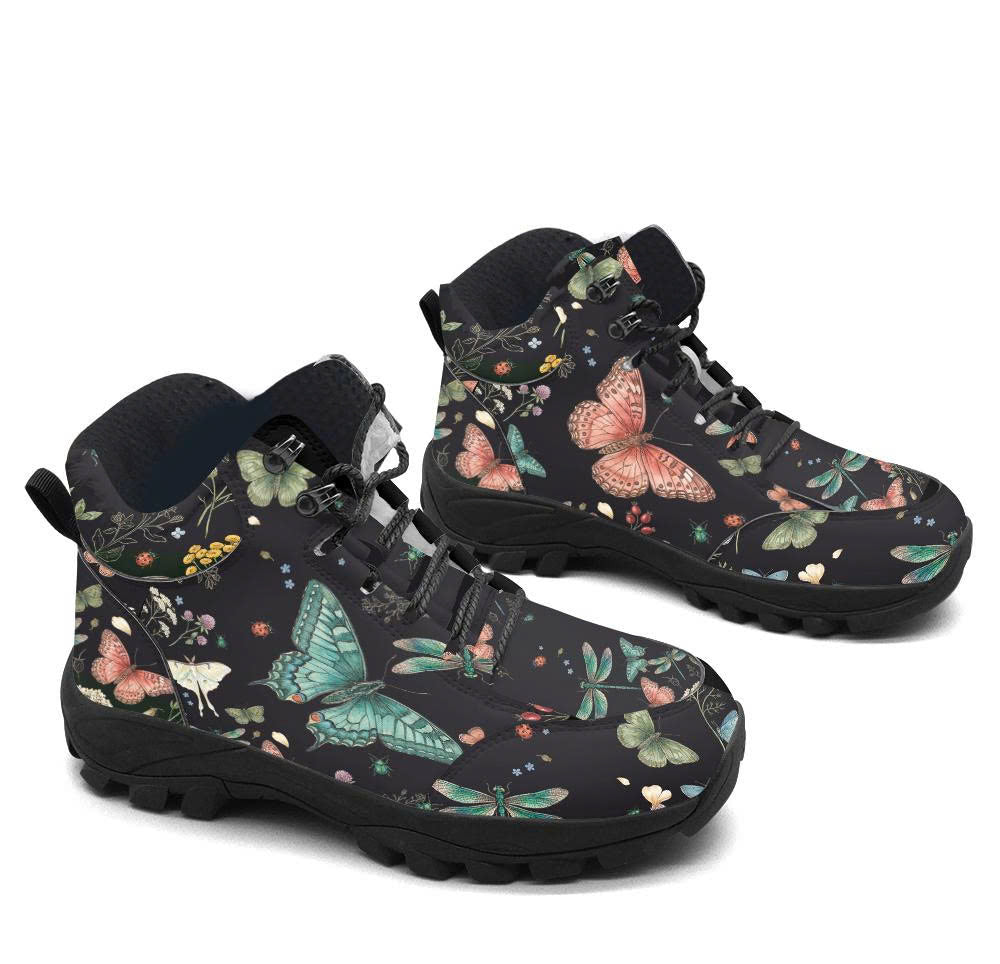 Aurelia Hiking Boots — butterfly and dragonfly print on midnight charcoal, 3/4 view