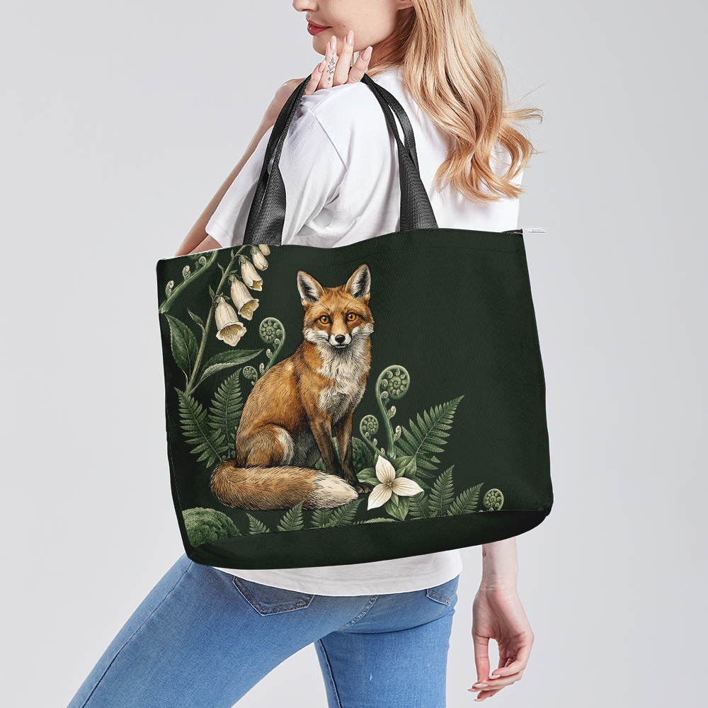 Vulpina Snap Tote Bag — model holding, forest theme
