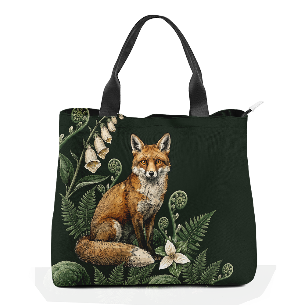 Vulpina Snap Tote Bag — flat lay, fox sentinel center