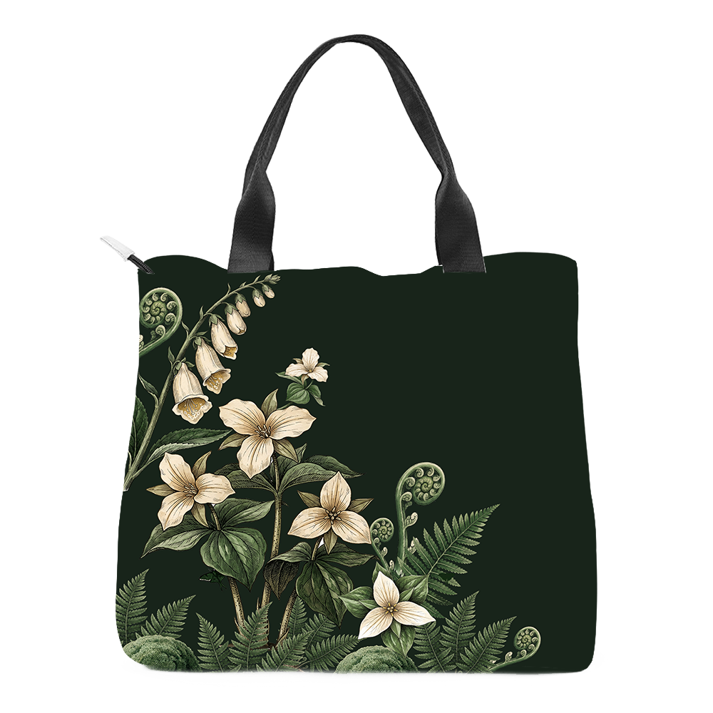 Vulpina Snap Tote Bag — flat lay, foxglove + trillium floral detail