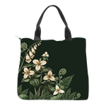 Vulpina Snap Tote Bag — flat lay, foxglove + trillium floral detail