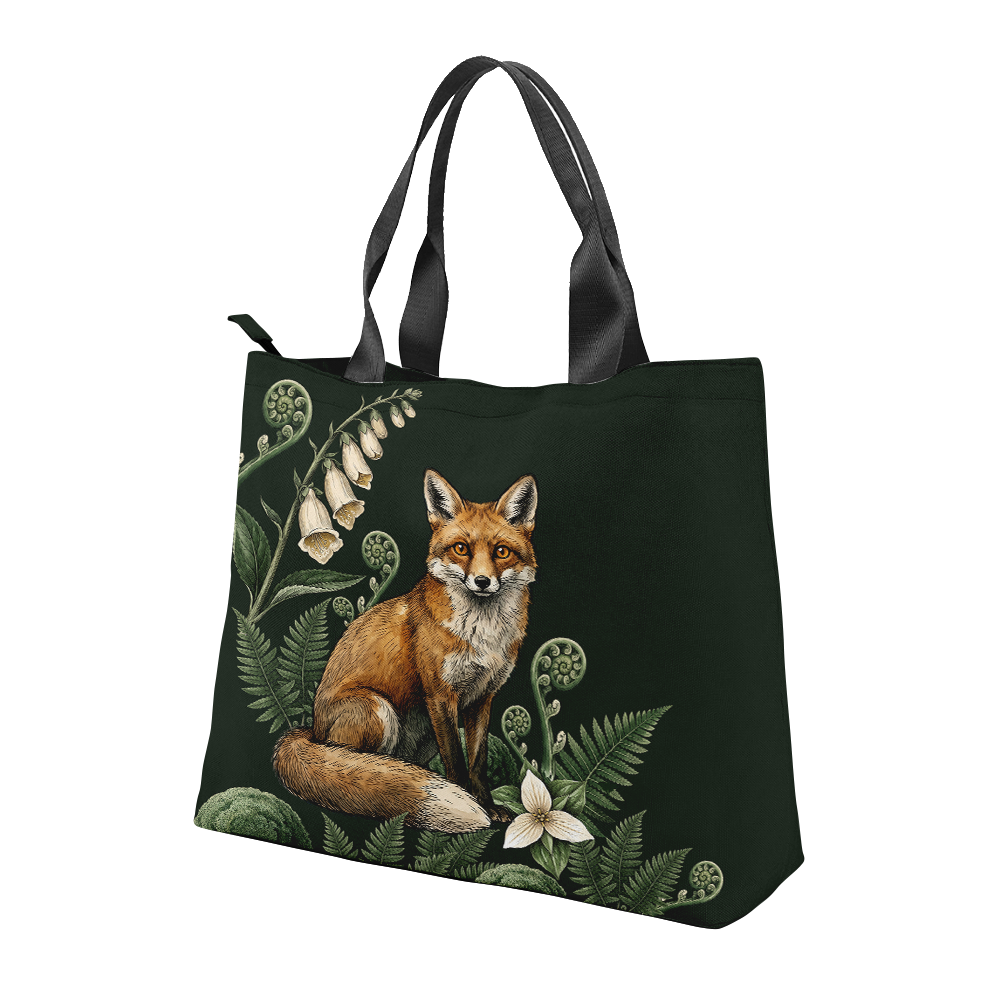 Vulpina Snap Tote Bag — flat lay, fox + botanical
