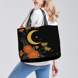 Calendula Tote Bag — front view of moon and marigold print