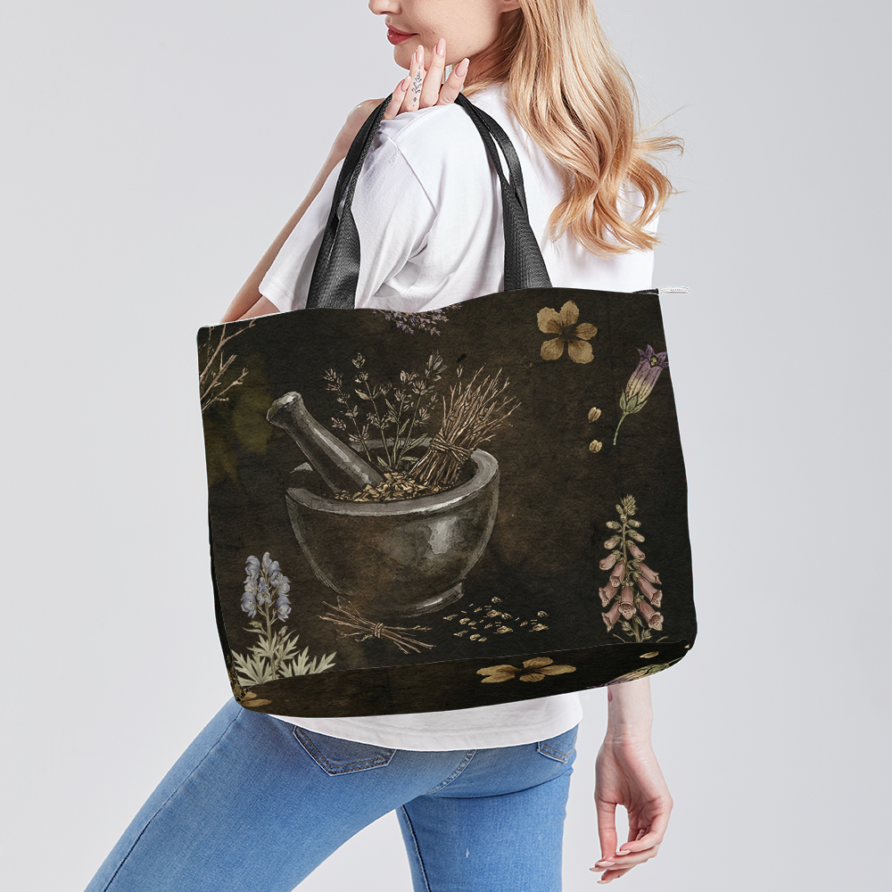Belladonna Tote Bag — front view of mortar pestle herbal print
