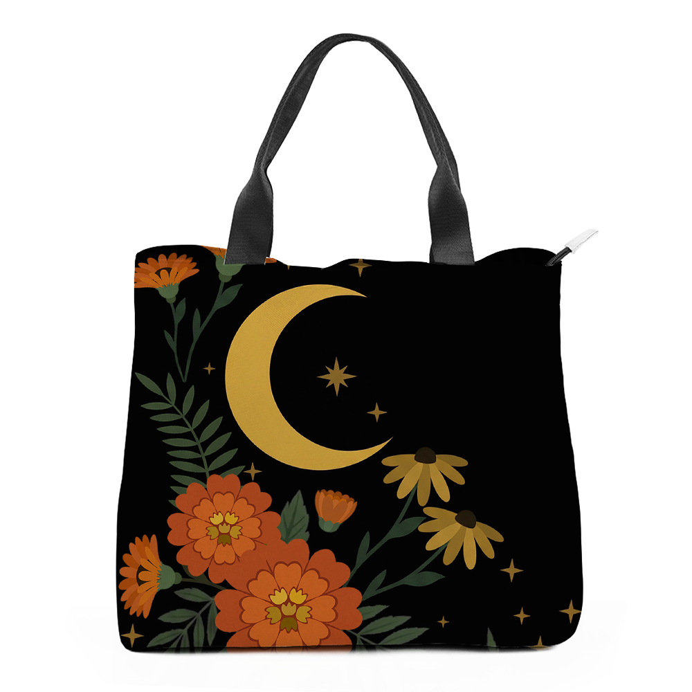 Calendula Tote Bag — angled view of moon and marigold print