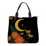 Calendula Tote Bag — angled view of moon and marigold print